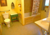 Bathroom with shower and jacuzzi jet bathtub downstairs on lower level, with extra grip bars around toilet and open underneath sink for wheelchair access and handicap ease in Wildflower Cabin #10 at Crow Wing Crest Lodge near Akeley, Minnesota, between Itasca State Park and Walker, MN