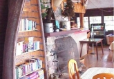 lodge, books, fireplace